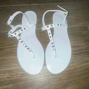 STUART WEITZMAN Womens White Slingback Studded Sawye Thong Sandals